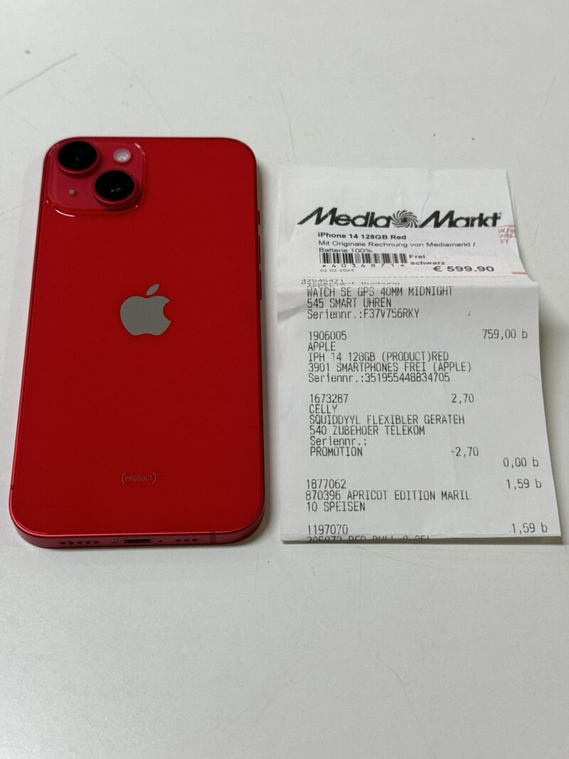 iPhone 14 128GB Red | Mit Originale Rechnung von Mediamarkt  |  Batterie 100% | SimLock: Frei | Zustand: Wie Neu | Farbe: rot